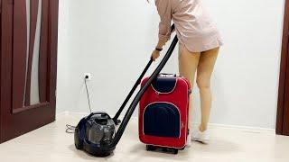 How to vacuum a travel suitcase? Girl in shirt vacuuming with Bosch BGS21X320. clean with me