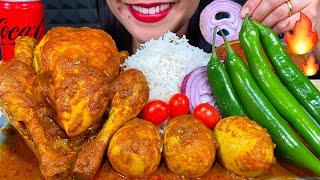 ASMR SPICY WHOLE CHICKEN CURRY, EGG CURRY, CHILI, BASMATI RICE MUKBANG MASSIVE Eating Sounds