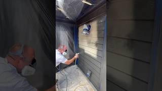 Exterior Home Painting - Spraying The First Coat of Solid Stain: SW Iron Ore #sherwinwilliams