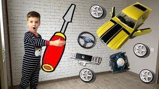 Building a new car Ford Mustang. Spare parts around the house. Video for kids.