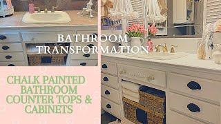 BATHROOM TRANSFORMATION! CHALK PAINTED TILE COUNTER TOPS & CABINETS - SHABBY  FARMHOUSE DECOR IDEAS