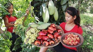 Mouth watering fresh fruit: Green mango Star fruit Cashew fruit Vs Hot salt chili & eating delicious