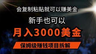 只会复制粘贴就可以赚美金的网赚项目，新手也可以月入3000美金！保姆级赚美金赚钱项目完美拆解！