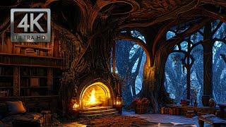 Inside the Enchanted Forest Treehouse, Winter Ambience w/ Wind Blowing, Falling Snow, Crackling Fire