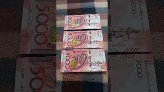 Три БАНКНОТЫ 5 000 ТЕНГЕ на байковой поверхности 11-ого Апреля