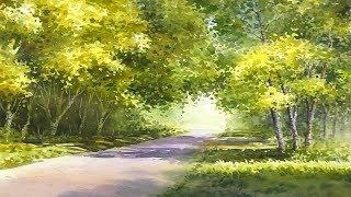 "Yellow autumn road" Watercolor landscape painting