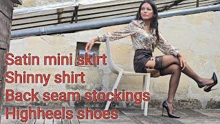 satin mini skirt / shiny satin shirt / back seam black stockings (cervin) / high-heels shoes