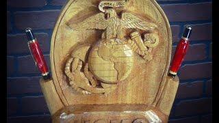 Wood Carving a Marine Corps Emblem Desk Set (and Pen Turning)