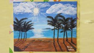 Simple Ocean and Trees Scenery Acrylic Painting