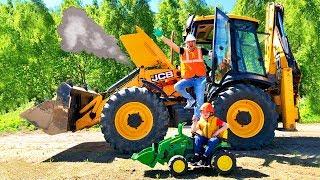 Big Excavator broken Super Lev rides to the rescue on Power Wheel Tractor to help man