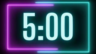 5 Minute Neon Testing Timer for Classroom | No Music | 4K Countdown with Alarm