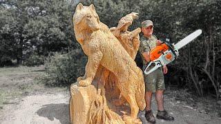 REAL SIZE WOODEN WOLF, Amazing Chainsaw Wood Carving | Vlad Carving