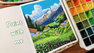 Gouache Landscape Painting | Ghibli Inspired landscape | COZY Painting | Paint with me