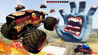 Monster Jam Madness | Monster Trucks Crashing Into Giant Hand Monster