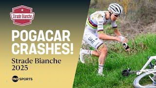 WATCH: World Champion Tadej Pogacar CRASHES into the grass during Strade Bianche 2025! 🫨