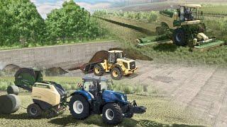 FS25 / Map Zielonka / JCB FL work at BGA, Haybay Krone Big M 450, New Holland T7 pressing bales