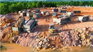 WOW! Super 150 Dump Truck Moving Dirt For Lake Reclamation Huge Land Filling Up Project In The Water