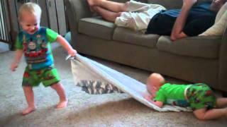 Twin boys playing with their Boston Terrier dog