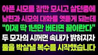 실화사연- 아픈 시모를 잠깐 모시고 살던중에 남편과 시모의 대화를 엿듣게 되는데"이제 딱 1년만 버티면 끝이란다"두 모자의 시꺼먼 속내가 밝혀지자 둘을 박살낼 복수를 시작했습니다