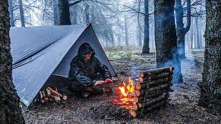 Solo Camping in Heavy Rain - Tarp Shelter Bushcraft Camping