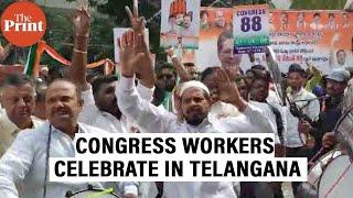 Congress workers celebrate in Telangana as the party inches to victory in Assembly Election