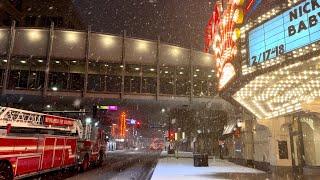 Downtown Minneapolis: Night Walk During a Snowstorm 4K |  Hennepin Ave and Nicollet Mall 2024