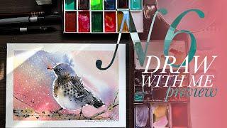 Drawing a bird (Fieldfare) in watercolour directly with a brush without pencil sketch