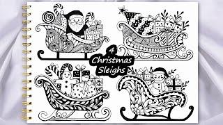 How To Draw 4 CHRISTMAS SLEIGHS | 4 Santa Sleigh For Beginners | Zentangle Ideas For Christmas