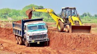 Kirlosker JCB Backhoe Loading Mud in Tata 2518 Truck For Making Fishing Pond