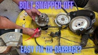 Bolt Snapped off! How to fix a broken bolt on a John Deere Riding Mower Spindle. 42, 48" Mower Deck