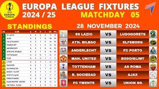 EUROPA LEAGUE FIXTURES - Matchday 5 • EUROPA Table Standings Today • EUROPA League Fixtures  2024/25