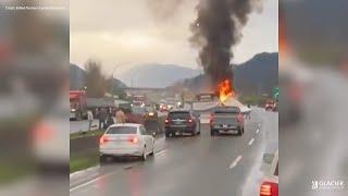 Fiery crash leaves people injured, closes Highway 1 between Chilliwack and Abbotsford