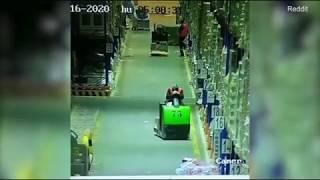 Forklift Driver Falls Asleep and Drives into Shelves