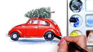 Painting A Festive Vw Bug With A Christmas Tree - Step-by-step Watercolor Tutorial