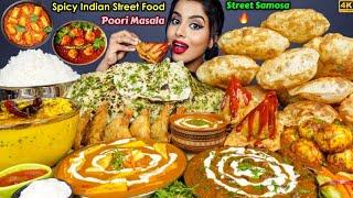 ASMR Eating Spicy Street Samosa,Paneer Butter Masala,Poori Indian Street Food ASMR Eating Mukbang