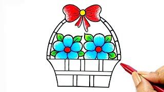 Simple Flower Basket Drawing || How to Draw Flower Basket For Beginner's || Flower Vase Drawing...