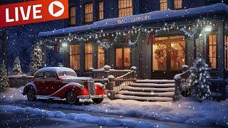  LIVE Vintage Oldies Music playing in a Snowy Coffee Shop Ambience (Winter & Snow Falling) ASMR