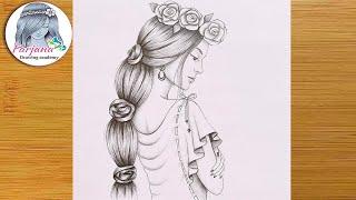 A girl wearing a crown of roses | Step by step Easy Pencil Sketch for beginners | How to draw a girl