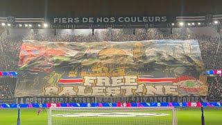 PSG Ultras displaying PRO PALESTINIAN versed tifo in PSG v Atlético Madrid match at Parc des Princes