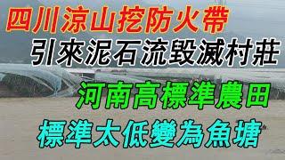 四川涼山挖防火隔離帶給山腳村落帶來滅頂之災，泥石流從火路直衝下山，橫掃一切。河南高標準農田變成魚塘。