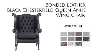 Bonded Leather Black Chesterfield Queen Anne Wing chair