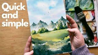 Loose watercolor mountain meadow landscape - quick and simple tutorial