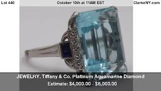 JEWELRY. Tiffany & Co. Platinum Aquamarine Diamond