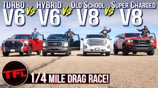 Trucks Gone Wild - Ford vs Chevy vs Ram vs Toyota Quarter Mile Drag Race - Winner takes All!