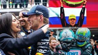 Max Verstappen celebrates win with Kelly Piquet Ocon & Gasly | Wholesome Podium scenes BTS