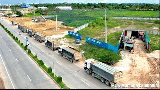 Incredible heavy equipment dump truck load of soil with old bulldozer moving soil