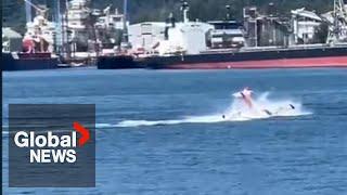 Shocking video shows float plane crash into boat during takeoff in BC harbour, 2 seriously injured