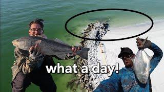 this hurricane torn jetty is producing mad fishing action