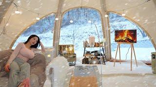 ️Snow Camping in the Forest with Inflatable TentㅣSounds Of Snow