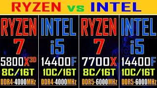 RYZEN 7 5800X3D (DDR4) vs INTEL i5 14400F (DDR4) vs RYZEN 7 7700X (DDR5) vs INTEL i5 14400F (DDR5) |